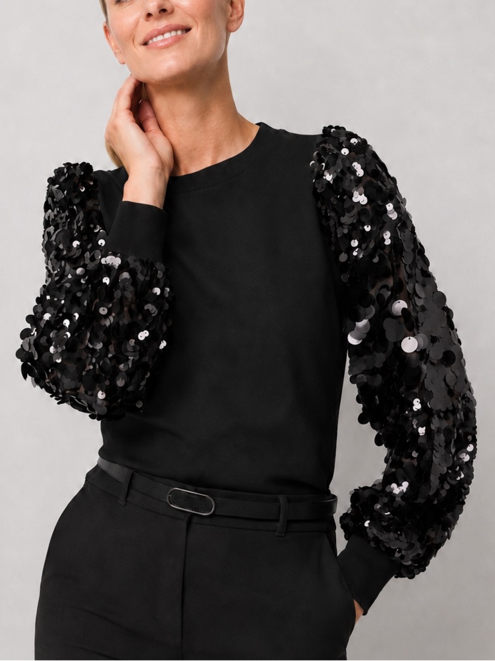 🆕🖤 Sioni Black Sequin Balloon Sweater Top M Statement Party Glam Pullover Knit